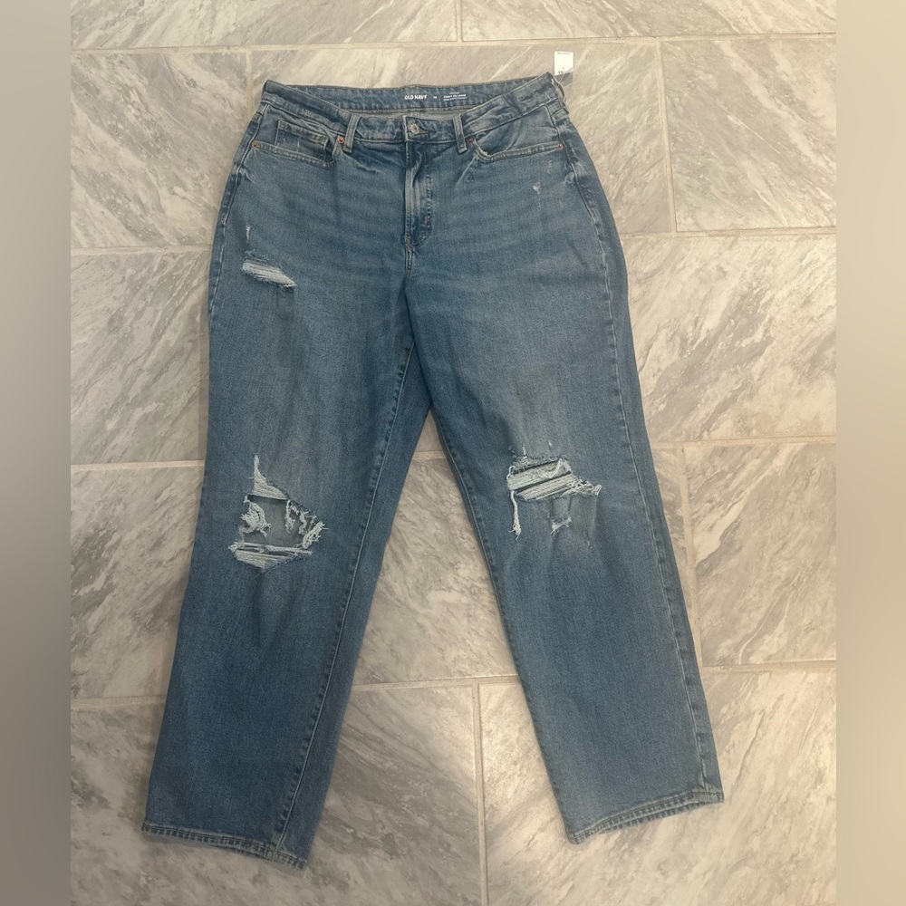 NWT Old Navy Womens High Rise Curvy O.G Loose Distressed Blue Jeans Size 14